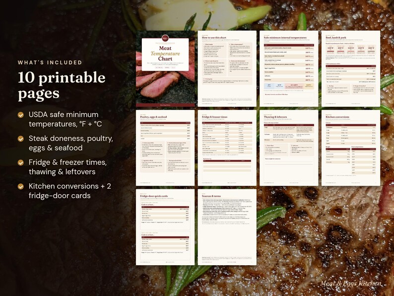 May include: A set of 10 printable pages titled Meat Temperature Chart, featuring USDA safe minimum temperatures in Fahrenheit and Celsius, steak doneness, poultry, eggs, seafood, fridge and freezer storage times, thawing, leftovers, and kitchen conversions.