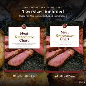 May include: A digital Meat Temperature Chart printable reference guide featuring two size options: US Letter 8.5 x 11 inches and A4 210 x 297 mm. The design includes the text Meat Temperature Chart, M&E logo, and a background image of cooked meat.