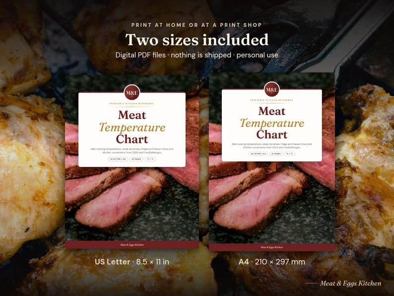 May include: A digital Meat Temperature Chart printable reference guide featuring two size options: US Letter 8.5 x 11 inches and A4 210 x 297 mm. The design includes the text Meat Temperature Chart, M&E logo, and a background image of cooked meat.