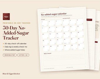 30 Day No Sugar Challenge Tracker Printable, No Added Sugar Tracker, Sugar Free Challenge Calendar, Label Reading Guide PDF