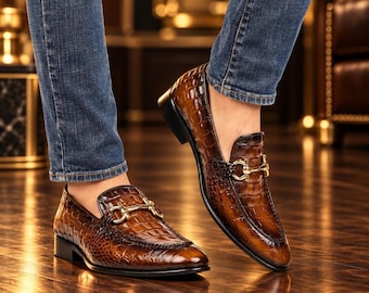 Men's Brown Crocodile Embossed Leather Loafers, Luxury Horsebit Slip-On Dress Shoes