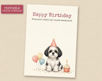 Black and White Shih Tzu Birthday Card from the Dog, Printable Dog Birthday Card
