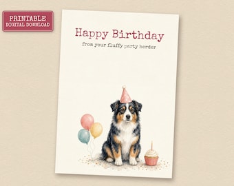 Black Tri Australian Shepherd Birthday Card from the Dog, Printable Dog Birthday Card, Instant Download