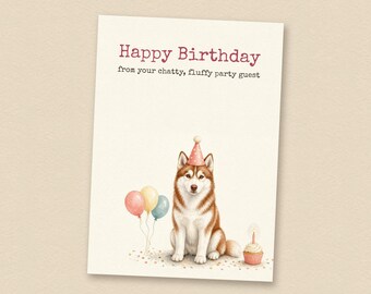 Verjaardagskaart voor een rode husky, van de hond, printbare verjaardagskaart voor een hond, direct te downloaden