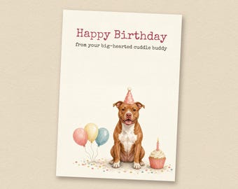 Verjaardagskaart voor een pitbull met rode neus, van de hond zelf, printbare verjaardagskaart voor een hond, direct te downloaden
