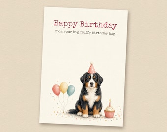 Verjaardagskaart voor een Berner Sennenhond, van de hond zelf, printbare verjaardagskaart voor een hond, direct te downloaden.