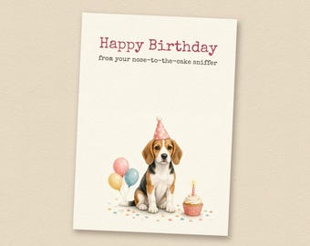 Driekleurige Beagle verjaardagskaart van de hond, printbare verjaardagskaart voor honden, direct te downloaden