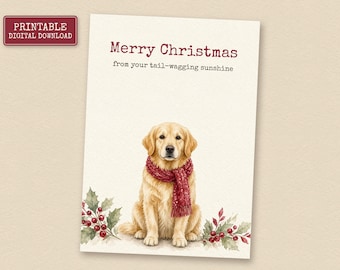 Cartão de Natal com um Golden Retriever, Cartão de Natal para Imprimir, Download Instantâneo
