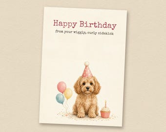 Verjaardagskaart voor een Cockapoo in abrikooskleur van de hond, printbare verjaardagskaart voor honden, direct te downloaden