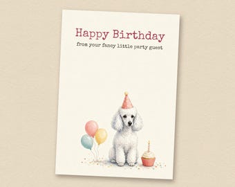 Verjaardagskaart met witte poedel van de hond, printbare verjaardagskaart met hond, direct te downloaden