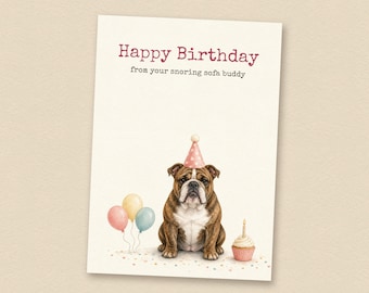 Verjaardagskaart voor een gestreepte Engelse bulldog van de hond, printbare verjaardagskaart voor honden, direct te downloaden