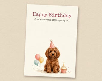 Verjaardagskaart voor een rode Goldendoodle, van de hond zelf, printbare verjaardagskaart voor een hond, direct te downloaden.