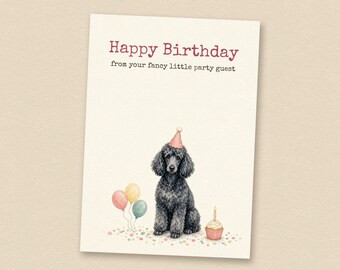 Verjaardagskaart met zwarte poedel van de hond, printbare verjaardagskaart voor honden, direct te downloaden