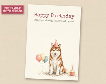 Red Husky Birthday Card from the Dog, Printable Dog Birthday Card, Instant Download