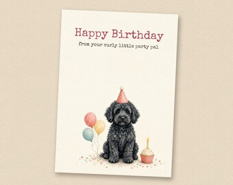 Verjaardagskaart voor een zwarte Goldendoodle, printbare verjaardagskaart voor een hond, direct te downloaden.