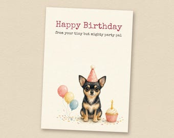 Verjaardagskaart voor een zwart-bruine chihuahua van de hond, printbare verjaardagskaart voor honden, direct te downloaden