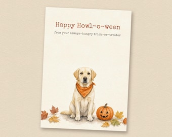 Halloweenkaart met gele Labrador van The Dog, printbare Labrador Retriever-kaart, direct te downloaden