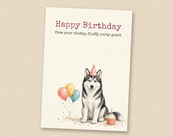 Zwart-witte verjaardagskaart voor een husky, van de hond, printbare verjaardagskaart voor een hond, direct te downloaden.