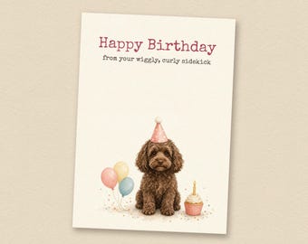 Chocoladekleurige Cockapoo verjaardagskaart van de hond, printbare hondenverjaardagskaart, direct te downloaden