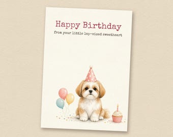 Gouden en witte verjaardagskaart voor een Shih Tzu, van de hond, printbare verjaardagskaart voor een hond
