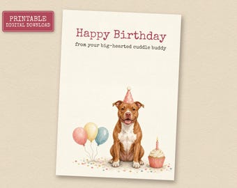Red Nose Pit Bull Birthday Card from the Dog, Printable Dog Birthday Card, Instant Download