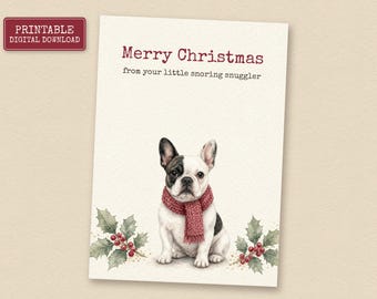 Cartão de Natal do Bulldog Francês Malhado, Cartão de Natal para Imprimir, Download Instantâneo