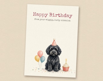 Verjaardagskaart voor een zwarte cockapoo, van de hond zelf, printbare verjaardagskaart voor een hond, direct te downloaden.
