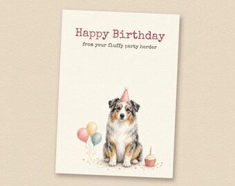 Verjaardagskaart voor een blauwe merle Australian Shepherd, van de hond zelf, printbare verjaardagskaart voor honden, direct te downloaden