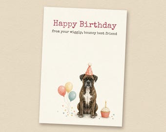 Verjaardagskaart voor een gestreepte Boxer van de hond, printbare verjaardagskaart voor een hond, direct te downloaden
