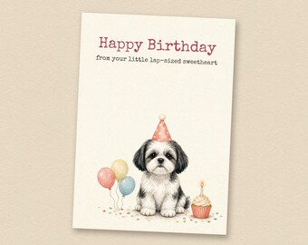 Zwart-witte verjaardagskaart voor een Shih Tzu, van de hond, printbare verjaardagskaart voor een hond