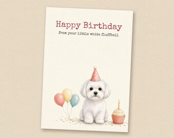 Verjaardagskaart voor een Maltezer van de hond, printbare verjaardagskaart voor een hond, direct te downloaden