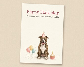 Verjaardagskaart voor een gestreepte pitbull van de hond, printbare verjaardagskaart voor een hond, direct te downloaden