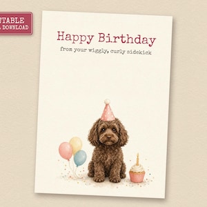 Chocolate Cockapoo Birthday Card from the Dog, Printable Dog Birthday Card, Instant Download