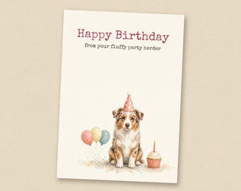 Verjaardagskaart voor een rode merle Australian Shepherd, van de hond zelf, printbare verjaardagskaart voor honden, direct te downloaden.