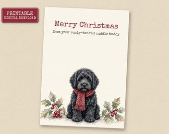 Cartão de Natal com um Goldendoodle Preto, Cartão de Natal para Imprimir, Download Instantâneo
