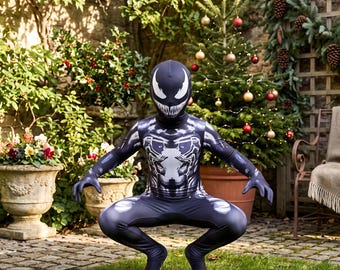 May include: A full-body black and white Venom character costume featuring a mask with large white eyes and a wide, toothy grin, and a printed torso design with a spider-like emblem, crafted from a stretchy fabric in a crouching pose.