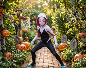 May include: A full-body costume featuring a white hood, black torso, and white sleeves with pink web patterns. The mask has large white eye lenses with pink outlines. The outfit is worn in a setting with pumpkins, tombstones, and scarecrows.