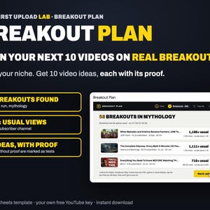 May include: A digital interface for the First Upload Lab Breakout Plan, featuring a dark background with yellow text. It displays a list of 58 breakouts in mythology, including video titles, view counts, and a button labeled Next: ask your AI.