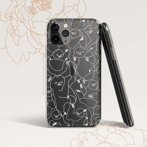 May include: A clear phone case with a black background and a white outline of sloths. The case is designed for an iPhone with a camera bump.