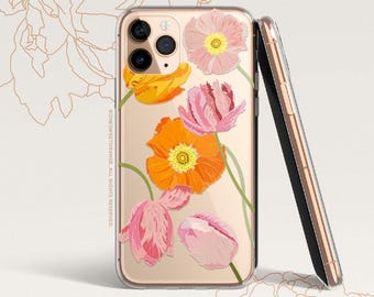 Puede incluir: Una funda transparente para teléfono con un diseño floral con flores rosas y naranjas. La funda está diseñada para un iPhone con una protuberancia de cámara.