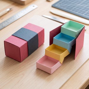 May include: A rectangular paper box with a dark gray band, featuring an expandable staircase design with four open compartments in light green, blue, yellow, and pink, constructed from textured cardstock paper.