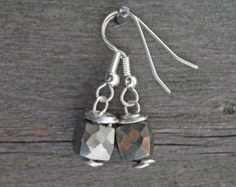 Pyrite Earrings, Small Silver Earrings, Dangle, Wire Wrapped Earrings, Handmade Earrings, Drop Earrings, Gold Cube Earrings