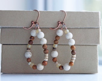 Long Handmade Beadwork Dangle Earrings, Beaded Hoop Earrings, White & Brown Stones with Copper, Bohemian Earrings, Earthy Jewelry