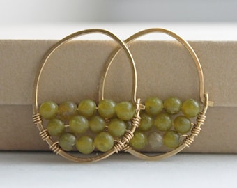 Wire Wrapped Jewelry, Handmade Beaded Hoop Earrings, Jade Earrings, Brass Earrings, Bohemian Jewelry, Boho Hippie Jewlery