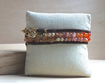 Leather Beaded Bracelet, Wrap, Wire Wrapped Jewelry, Handmade Bracelet, Sunstone, Gold Wrap Bracelet, Bohemian Jewelry