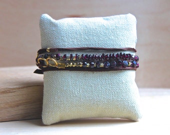 Leather Wrap Bracelet, Bead, Bohemian Garnet Bracelet, Red and Gold Suede Bracelet/Necklace, Wire Wrapped Jewelry, Handmade, Boho Jewelry