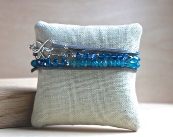 Boho Leather Wrap Bracelet, Beaded Blue Apatite, Silver Suede Bracelet Also Necklace, Wire Wrapped Jewelry, Handmade Jewelry, Bohemian