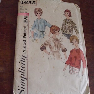 May include: Simplicity Printed Pattern 60C sewing pattern envelope with a white background and three women wearing different jackets. The pattern number is 4655, the size is 18, and the bust is 38.