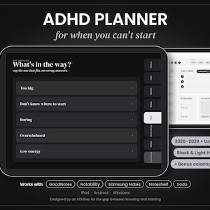 ADHD Digital Planner 2026-2029 + Undated | Unstuck Task Starter for GoodNotes & Notability | Energy Based Days | Bonus Coloring Book