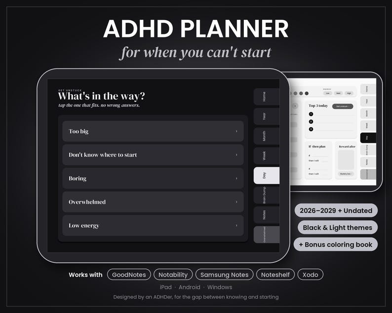 ADHD Digital Planner 2026-2029 + Undated | Unstuck Task Starter for ...